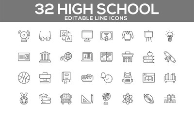 High School Line Icons Set | Editable Education and Student Life Icons for Web and App Design