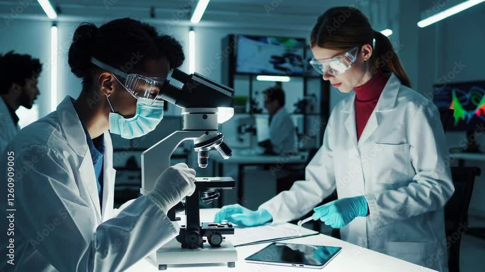 Poster Laboratory research montage showing scientists analyzing samples using a microscope and digital tablet, collaborating and working together in a modern, high tech environment in slow motion