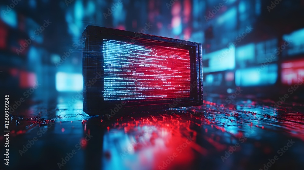 Poster Striking futuristic digital landscape filled with neon glitches flowing binary code and a chaotic cyberpunk inspired atmosphere