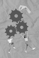 Composite photo collage of two young workers girls teamwork hold huge mechanism gearwheels...