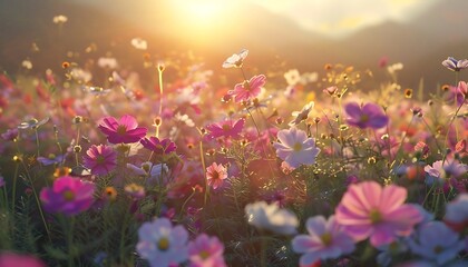 Fototapeta premium Cosmos flowers field with blue sky and white clouds in summer.