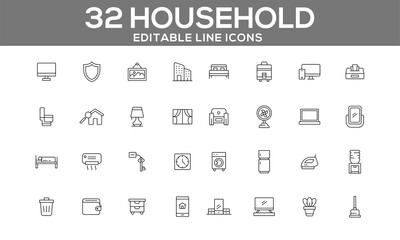 Household Line Icons Set | Editable Home and Daily Life Icons for Web and App Design