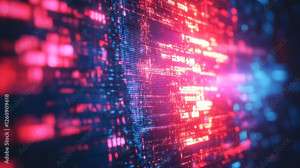Poster Stunning abstract background with a pulsing luminous matrix of complex digital codes algorithms and data patterns in vibrant shades of red blue and neon  A futuristic hi tech