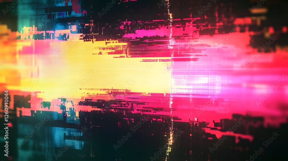 Poster Stunning abstract digital art with a vibrant neon color palette dynamic glitch effects and a surreal futuristic appearance  The image features a chaotic explosion of colors digital distortions