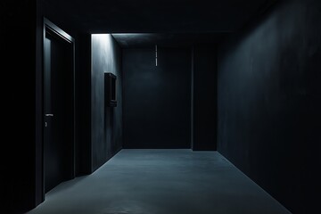 Modern interior space designed for home cinema room planning, featuring dark walls and subtle lighting. Concept emphasizes innovative design for optimal viewing experience