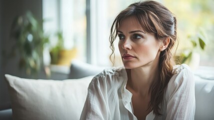 Thoughtful woman gazing out of window in cozy indoor setting