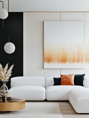 Modern Living Room Decor With Elegant Sofa And Artistic Wall Art, Showcasing Cozy Atmosphere In Contemporary Home Setting