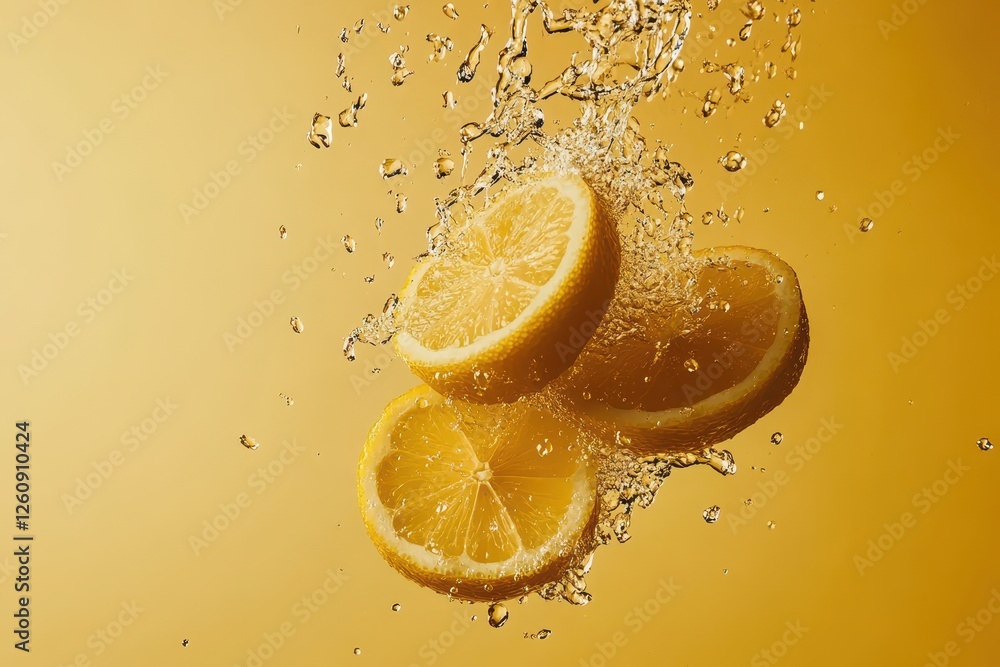 Poster slices of lemon splash into clear water, creating a refreshing burst against a vibrant yellow backdr