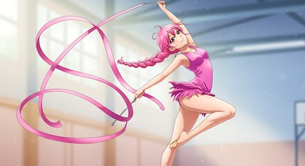 Anime Girl Performing Rhythmic Gymnastics with Pink Ribbon in Gymnastics Hall