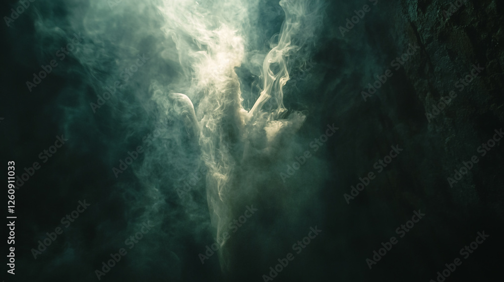 Poster ethereal smoke swirls in a dark cavern creating mysterious patterns and shapes