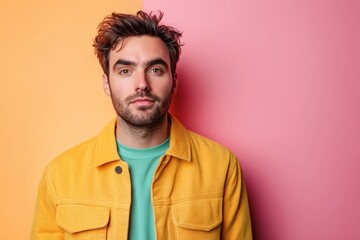 Obraz premium Stylish Young Man in Colorful Jacket Against a Vibrant Background