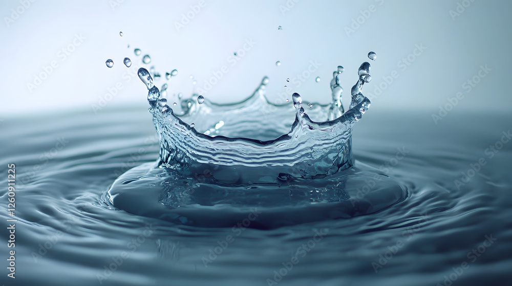 Poster Stunning close up view of water splash and droplets in dynamic energetic motion on a smooth reflective surface  The image captures the power fluidity and refreshing nature of water