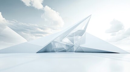 3D rendered futuristic white building with floating geometric shapes and sharp lines, set against a bright sky with a light cloud formation in the distance.