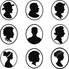 Set of man and female cameo silhouette with head shape. Man and woman cameo with stylish art for design, graphic's , ornaments and pattern