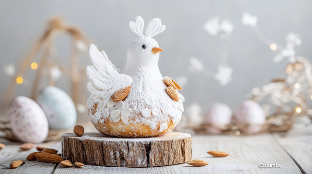 Traditional italian easter pasquetta celebration with decorative dove-shaped cake