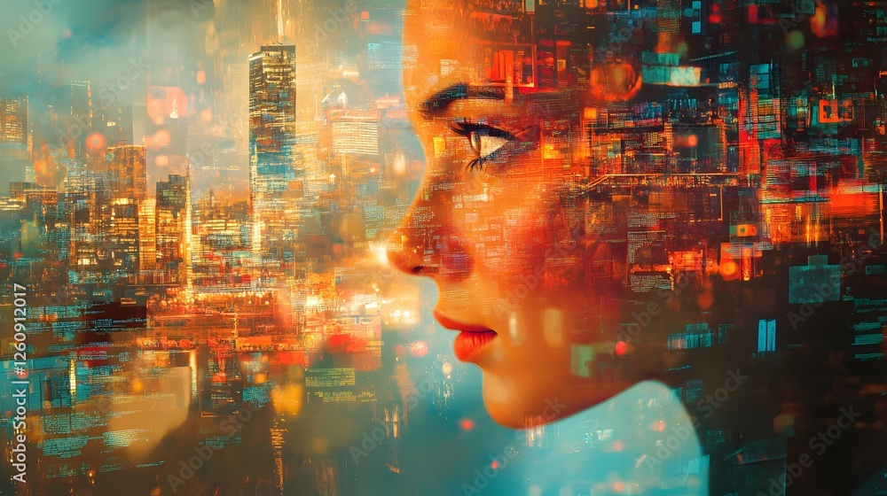 Poster stunning digital of a futuristic neon lit cityscape with towering skyscrapers vibrant colors and a c
