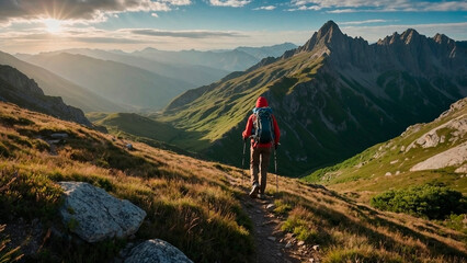 Obraz premium Hiker with backpack and trekking poles in the mountains at sunset