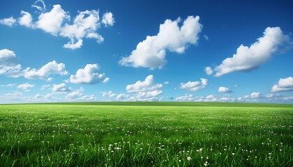 Obraz premium field of green grass and perfect blue sky with white clouds
