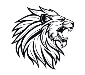 A high-contrast black and white vector illustration of a roaring lion's head,