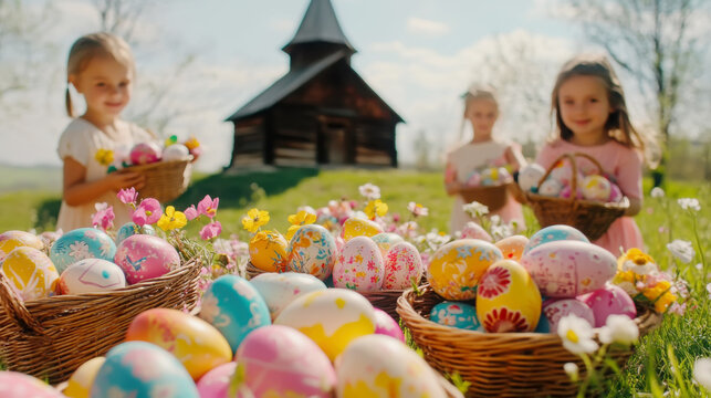 Romanian pisanki easter eggs display in a spring garden setting with children