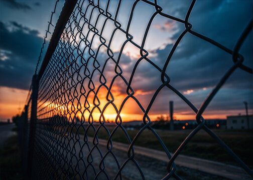 Sunset seen through a chain-link fence.