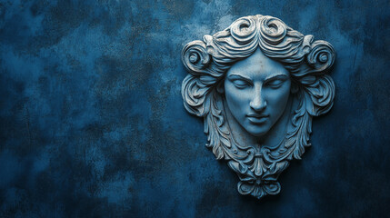 Elegant stone sculpture of a woman's face on a textured blue wall