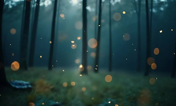 Enchanted forest with glowing orbs illuminating the tranquil atmosphere at dusk