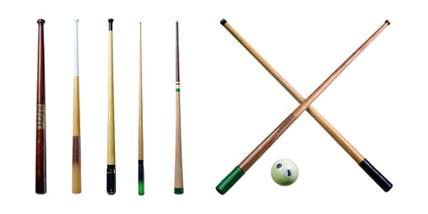 Variety of Billiard Cues with a Cue Ball Isolated on Black Background