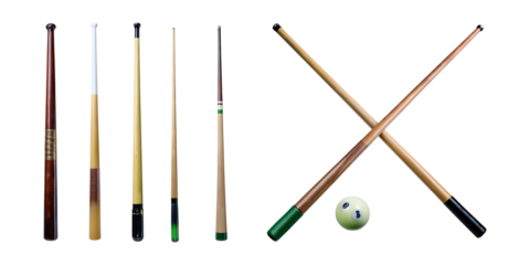 Variety of Billiard Cues with a Cue Ball Isolated on Black Background