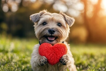 Cute soft-coated wheaten terrier dog with fluffy red heart on a walk in a spring garden. Advertising domestic animal visual idea. Soft-coated wheaten terrier - my desired dog, symbol of friend.