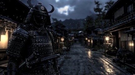 Samurai Warrior Stands in Snowy Japanese Village