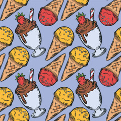 Ice cream seamless pattern vector illustration.