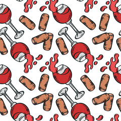 Wineglass and cork seamless pattern vector illustration.