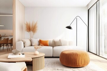 Modern Living Room Design, Featuring Cozy Sofa, Stylish Lamp and Textured Pouf, Emphasizing Comfort and Minimalist