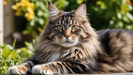 Fototapeta premium Tabby maine coon cat lying outside in the garden