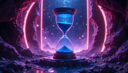 an hourglass suspended in a time rift, glowing blue sand levitating between the chambers, cinematic lighting, abstract cosmic backdrop, deep magenta and sapphire hues