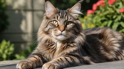Fototapeta premium Tabby maine coon cat lying outside in the garden