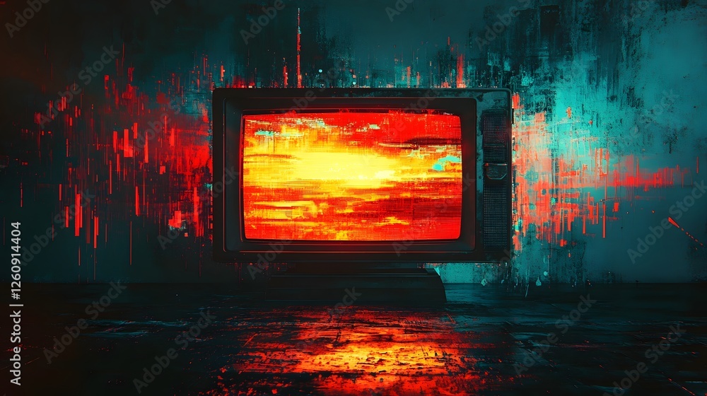 Poster Surreal digital sci fi landscape with a dramatic fiery sunset sky reflecting in a still lake  Silhouetted futuristic structures and glitching dystopian elements create a moody apocalyptic atmosphere