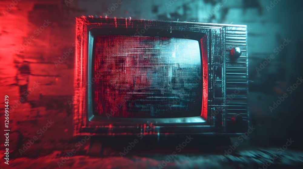 Aufkleber Surreal and unsettling digital glitch art with a dramatic moody atmosphere and an ominous framed screen or monitor display against a dark distorted and textured background
