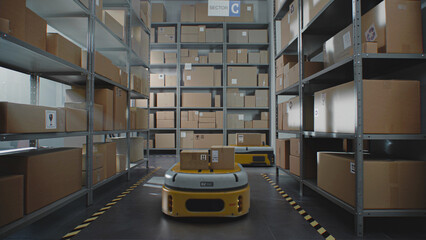 Warehouse Facility: Unmanned AGV Robots Carrying Cardboard Boxes in Logistics Distribution Center. Automated Guided Vehicles Transporting Parcels, Goods, Online Orders. 3D Graphics. Future Technology.