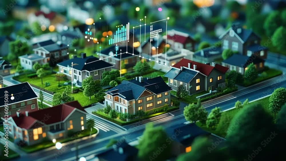 Aufkleber futuristic cityscape at night featuring interconnected homes and infrastructure, with glowing lines 