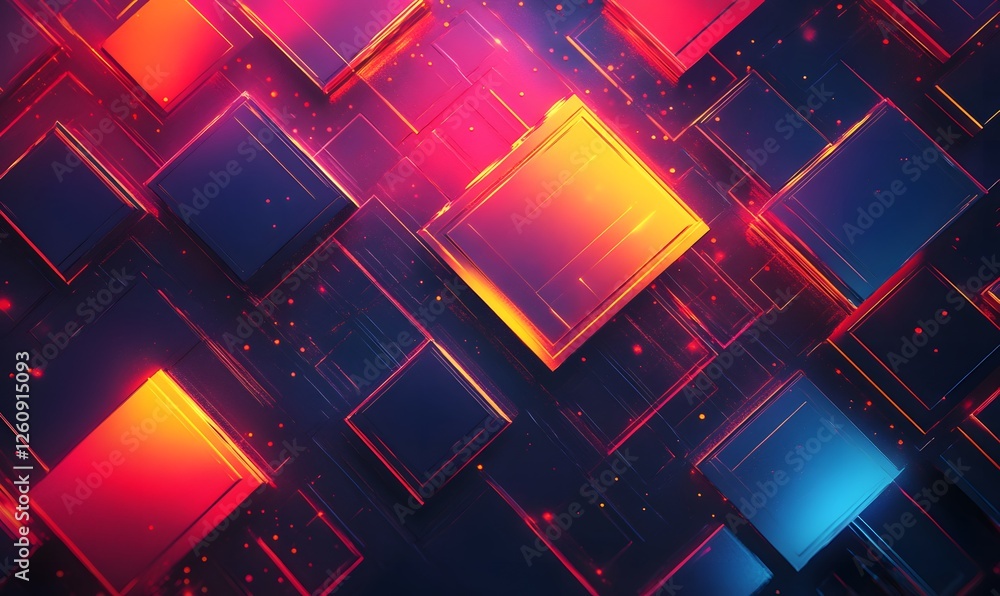 Poster abstract glowing cubes with bright colors and geometric patterns for futuristic design