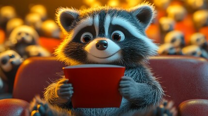 Fototapeta premium Raccoon watching movie, theater audience, cinema, entertainment, kids
