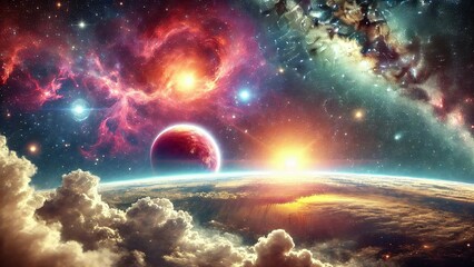 Fototapeta premium Colorful Space Nebula with a Distant Planet Vibrant Cosmic Galaxy and Starry Sky