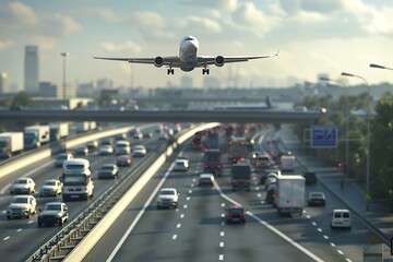 International transportation air and road in the evening