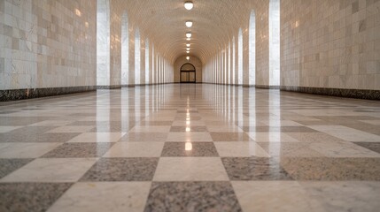 Marble hallway, architecture, perspective, light reflections, interior design, stock photo