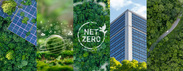 Net zero concept. Carbon neutrality towards net zero greenhouse gas emissions. Future goals:...