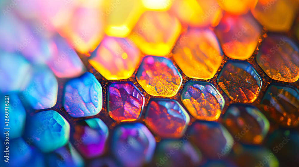 Poster colorful close-up of honeycomb structure showcasing vibrant hues and intricate patterns