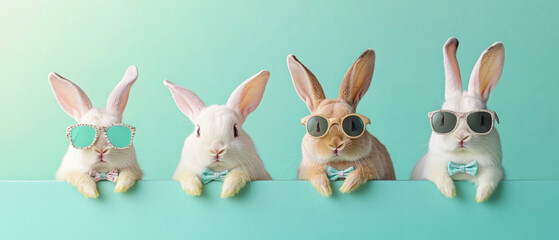 easter celebration holiday greeting card, easter bunnies rabbits with sunglasses and bowties isolated on pastel green background 
