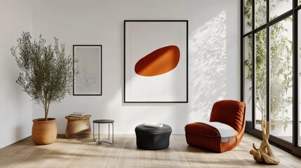 Modern Living Room Design Featuring A Cozy Chair And Art On Wall, Emphasizing Minimalist Decor And Natural Elements